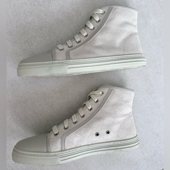 Gucci High Top GG Monogram Sneakers White Canvas Leather Toe Tennis EU 38 US 8 - Picture 7 of 10